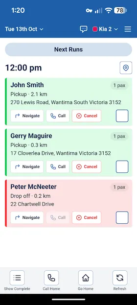 The CertaBus driver app showing the next run, with pickups and a drop off to navigate to, call or cancel